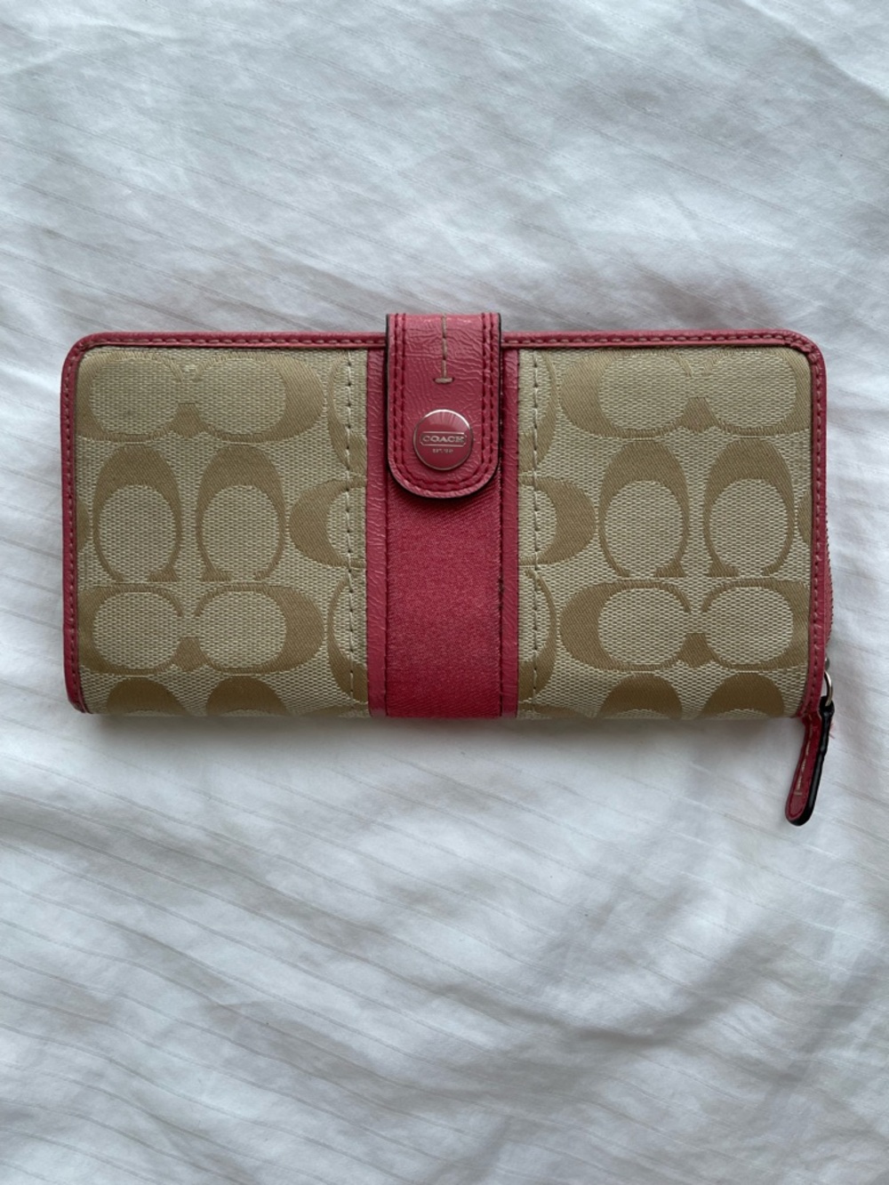 Coach Khaki Canvas Wallet with Pink Trim and Strap